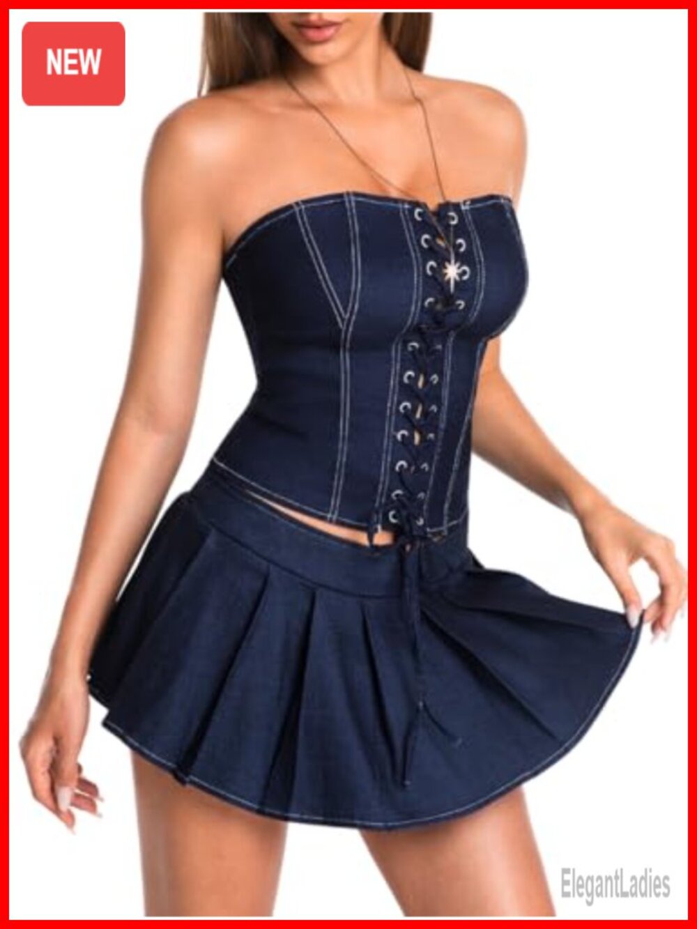 2 Piece Denim Look Corset Top Pleated Mini Skirt Set Club Rave Set